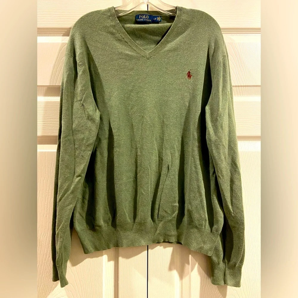 Polo Ralph Lauren Sweater Army Green V Neck Pima Cotton Men’s Size Large